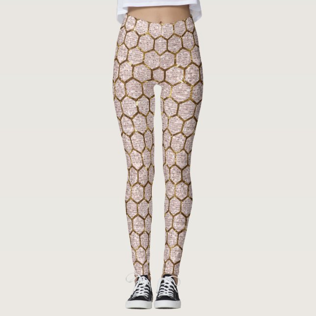 Metallic Gold Glitter Sequins Hexagon Honeycomb Leggings (Front)