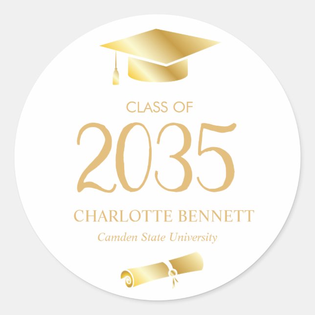 Metallic Gold Grad Cap Diploma Graduation  Classic Round Sticker (Front)