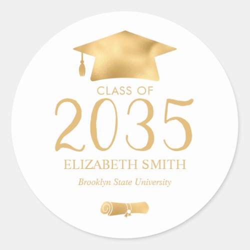 Metallic Gold Grad Cap Diploma Graduation Classic Round Sticker