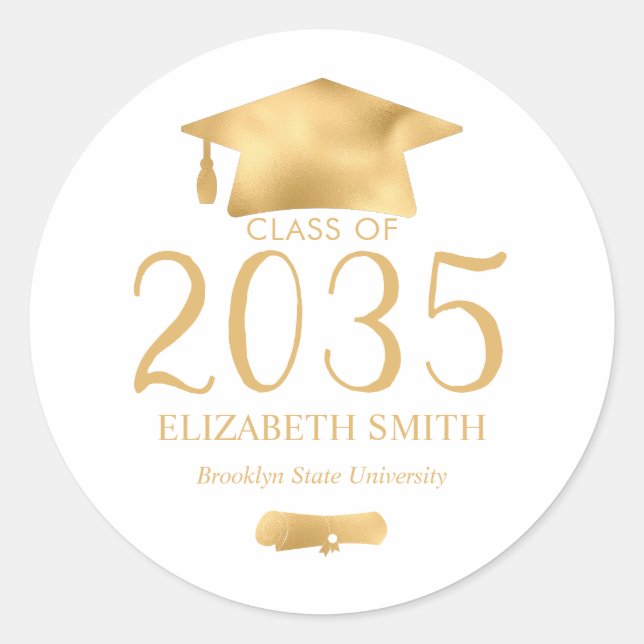 Metallic Gold Grad Cap Diploma Graduation Classic Round Sticker (Front)
