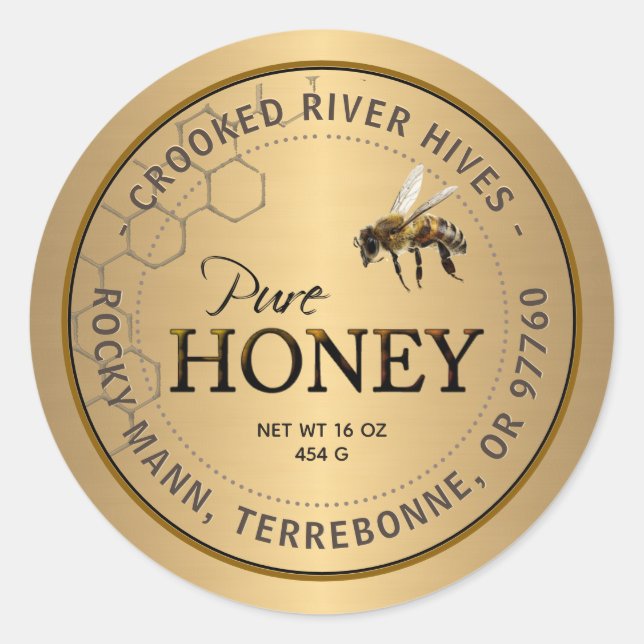Metallic Gold Honey Label Realistic Bee Honeycomb (Front)