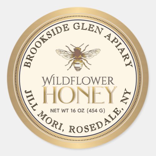 Metallic Gold Honey Label with Bee Dotted Border  