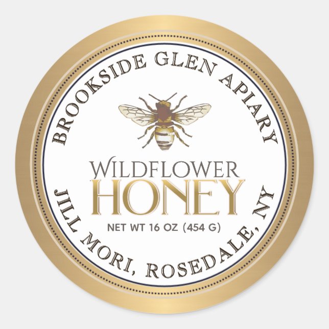 Metallic Gold Honey Label with Bee Dotted Border   (Front)