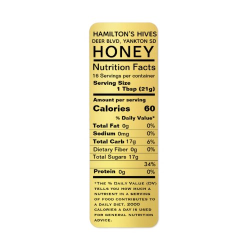 Metallic Gold Honey Nutrition Facts Return Address Label