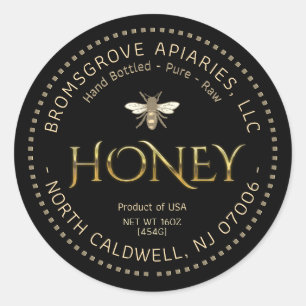 Metallic Gold Honey on Black with Bee and Border Classic Round Sticker