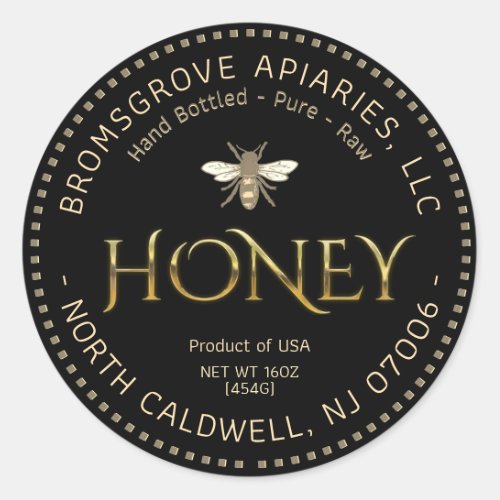 Metallic Gold Honey on Black with Bee and Border Classic Round Sticker