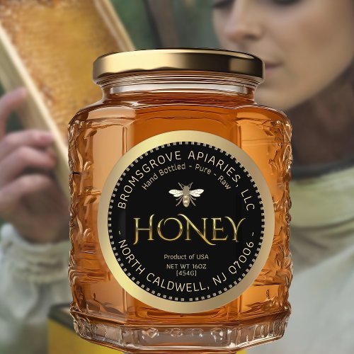 Metallic Gold Honey on Black with Bee and Border Classic Round Sticker