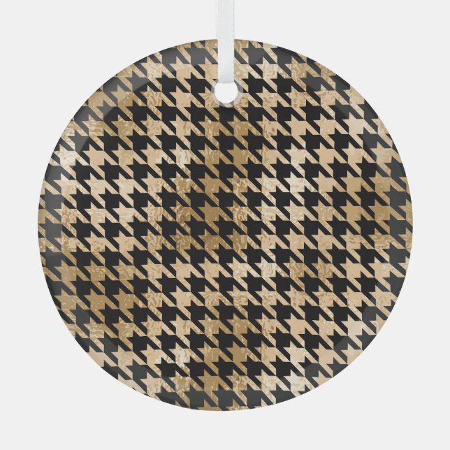 Metallic gold hounds tooth, fashion pattern. glass ornament (Front)