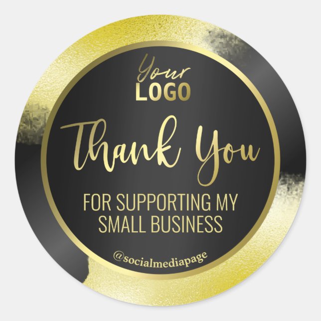 Metallic Gold Ink On Black Thank You Logo Classic Round Sticker (Front)