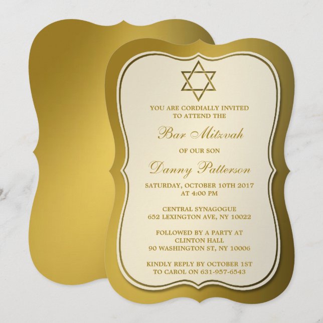 Metallic Gold Jewish Star Of David Bar Mitzvah Invitation (Front/Back)