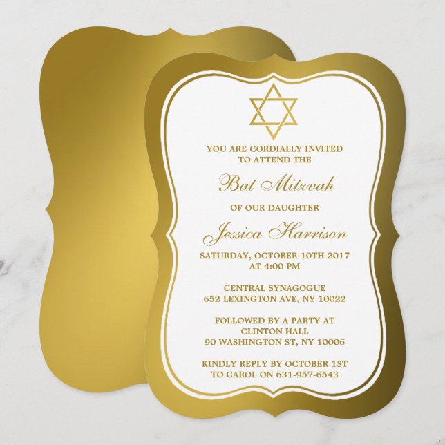 Metallic Gold Jewish Star Of David Bat Mitzvah Invitation (Front/Back)