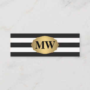 Metallic Gold Label Black White Stripes Monogram Mini Business Card