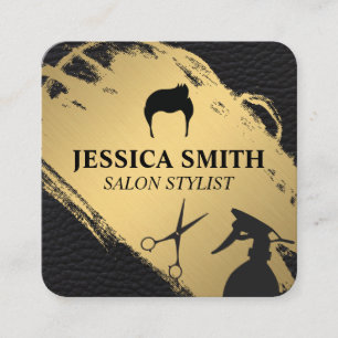 Metallic Gold Leather Salon Stylist Barber Square Business Card
