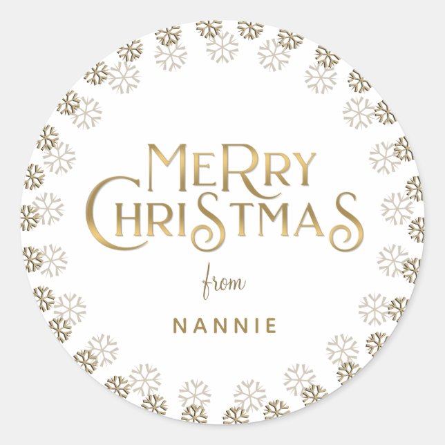 Metallic Gold Merry Christmas Snowflake Border Classic Round Sticker (Front)