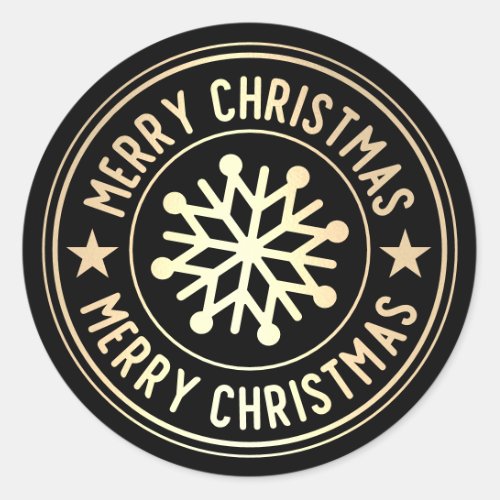 Metallic Gold Merry Christmas Snowflake on Black Classic Round Sticker