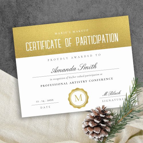 Metallic Gold Minimal Certificate of Participation