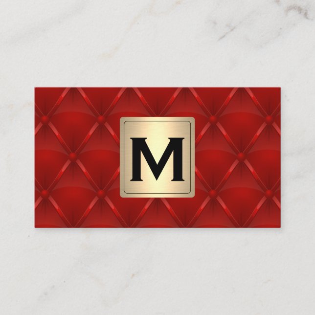 Metallic Gold | Monogram | Red Upholstered Business Card (Front)