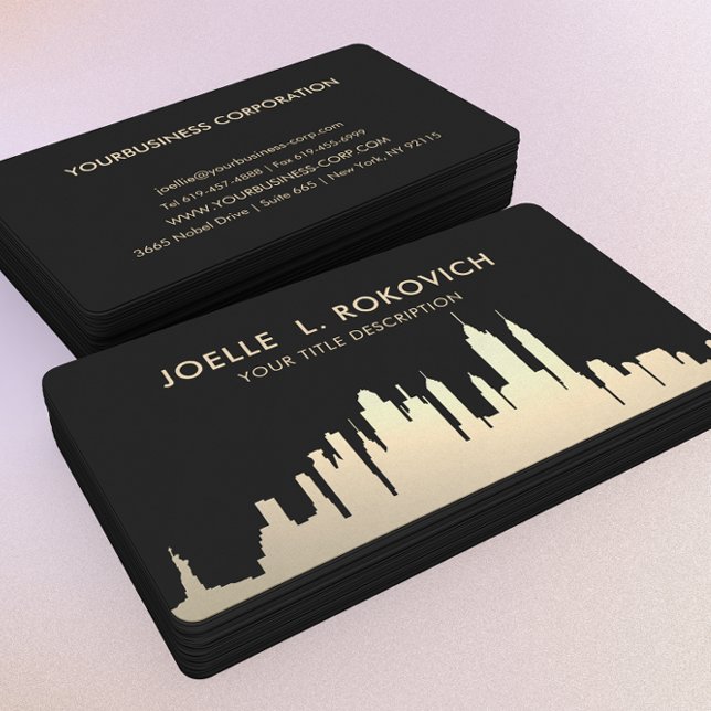 Metallic Gold NYC Skyline on Black Business Card (Creator Uploaded)
