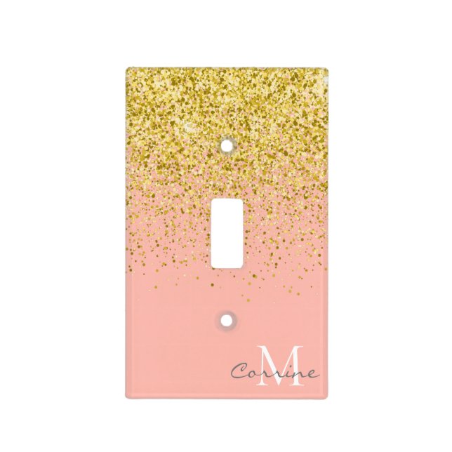 Metallic Gold Ombre Glitter +Rose Quartz Pink Name Light Switch Cover (Front)