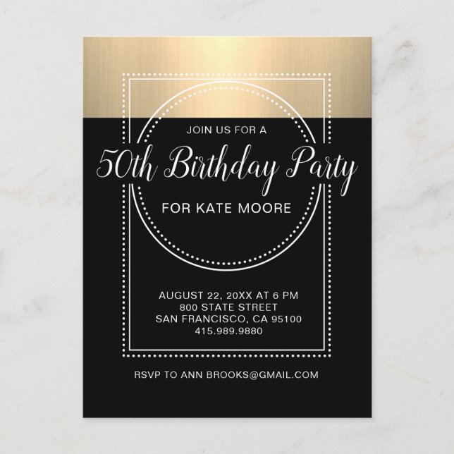 Metallic Gold On Black 50th Birthday Invitation Postcard (Front)