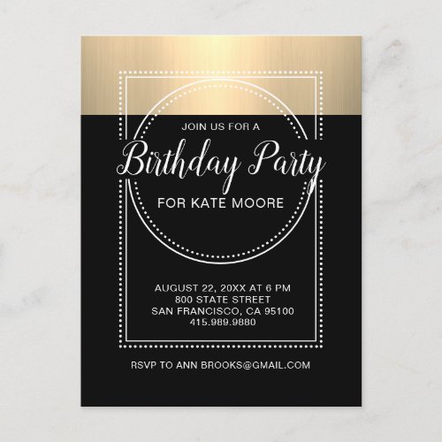 Metallic Gold On Black Birthday Invitation Postcard