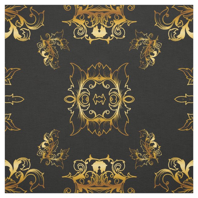 Metallic Gold Pattern on Black Fabric (Swatch)