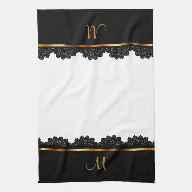 Metallic Gold & Pretty Black Lace Kitchen Towel (Vertical)
