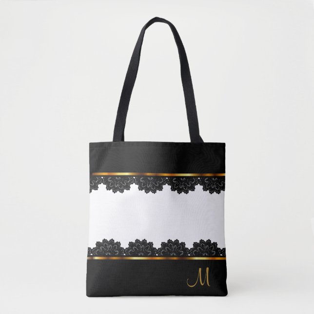 Metallic Gold & Pretty Black Lace Tote Bag (Front)
