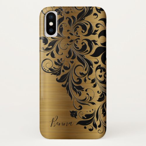 Metallic Gold Print  Black Floral Lace iPhone X Case