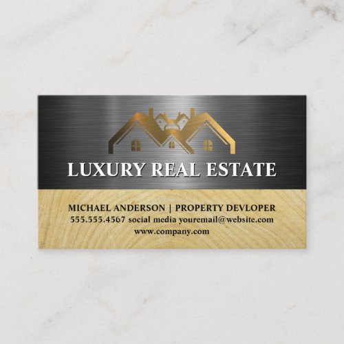 Metallic Gold Property Logo  Metal  Wood Grain Business Card
