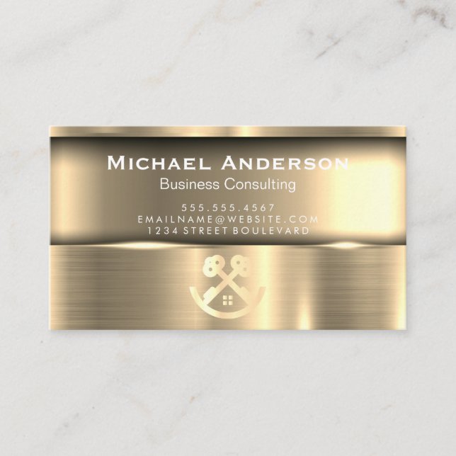 Metallic Gold | Real Estate Keys Logo Business Card (Front)