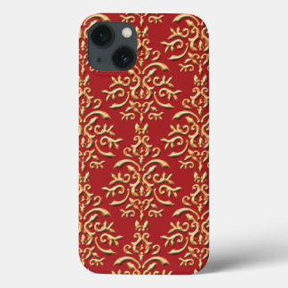 Metallic Gold Red Damask Pattern iPhone 13 Case