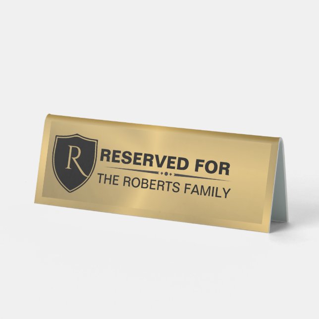 Metallic Gold Reserved Family Crest Table Tent (Front)
