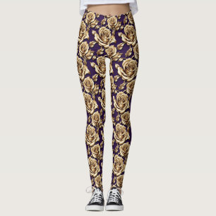Metallic Gold Roses On A Matte Deep Purple Leggings