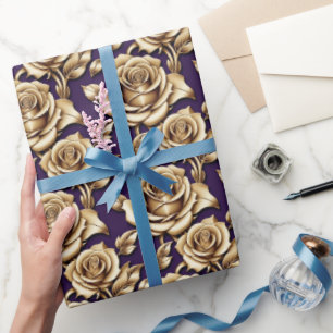 Metallic Gold Roses On A Matte Deep Purple  Wrapping Paper