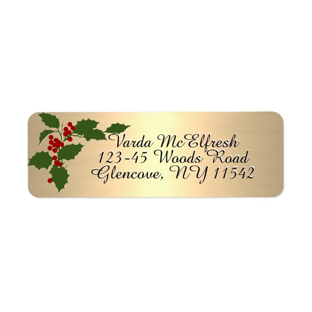 Metallic Gold Script Holly and Berries Holiday     Label (Front)