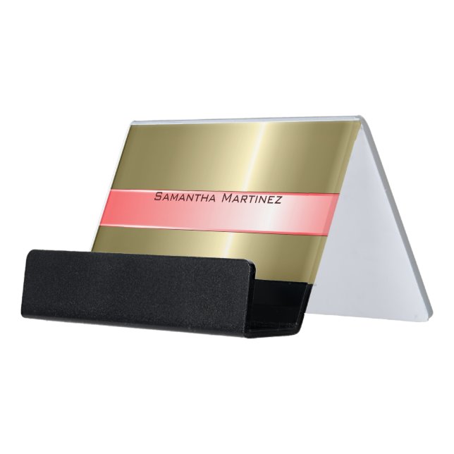 Metallic Gold Stainless Steel And Pink Desk Business Card Holder (Angled Front)