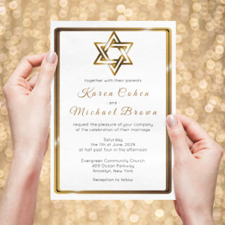 Metallic Gold Star of David Jewish Wedding Invitation