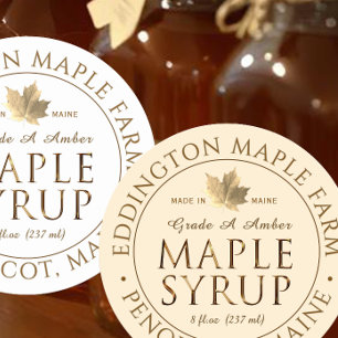Metallic Gold State Name Maple Syrup with Leaf Classic Round Sticker