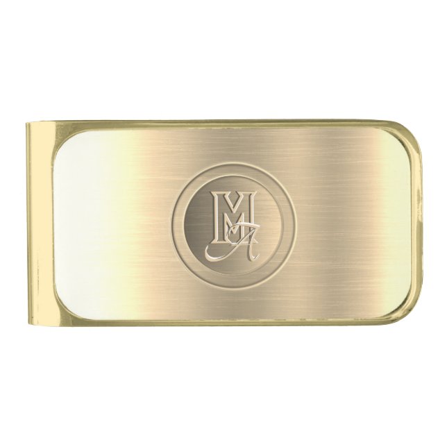 Metallic Gold Steel Engraved Monogram Gold Finish Money Clip (Front)