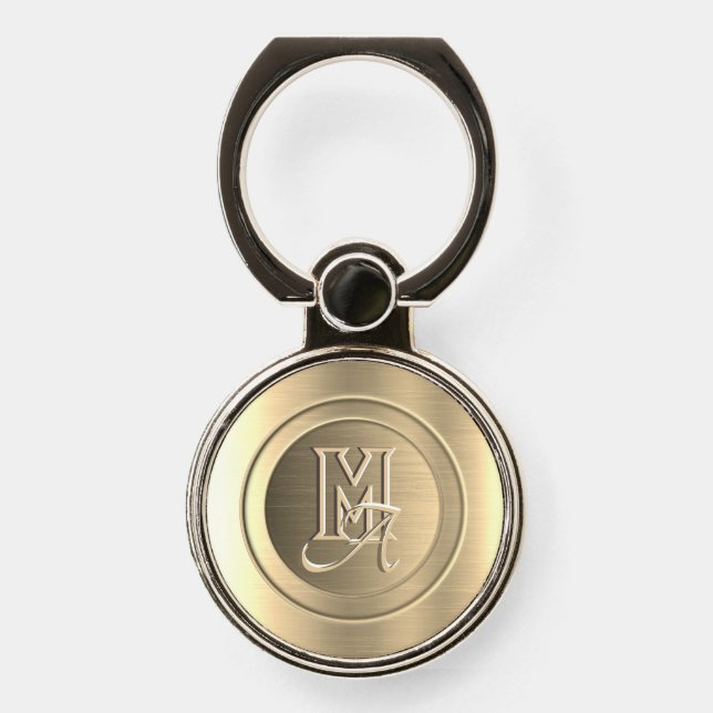 Metallic Gold Steel Engraved Monogram Phone Ring Stand (Front)