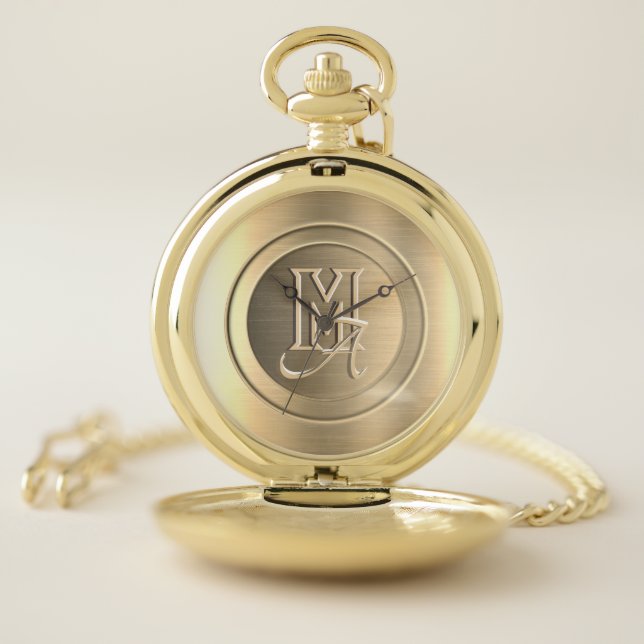 Metallic Gold Steel Engraved Monogram Pocket Watch (Inside)