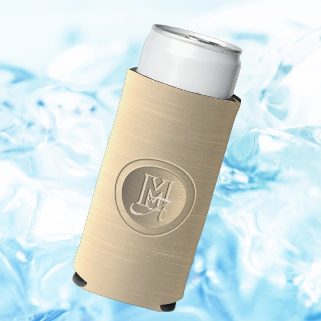 Metallic Gold Steel Engraved Monogram Seltzer Can Cooler (Creator Uploaded)