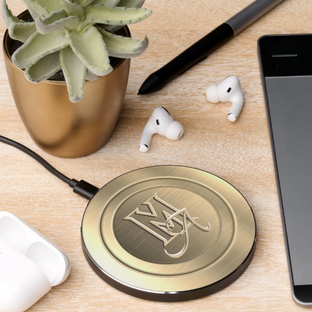 Metallic Gold Steel Engraved Monogram Wireless Charger (Desk 2)