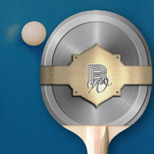Metallic Gold Steel trompe l’œil Monogram Ping Pong Paddle