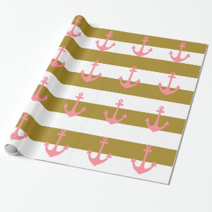 Metallic Gold Stripes and Pink Nautical Wrapping Paper