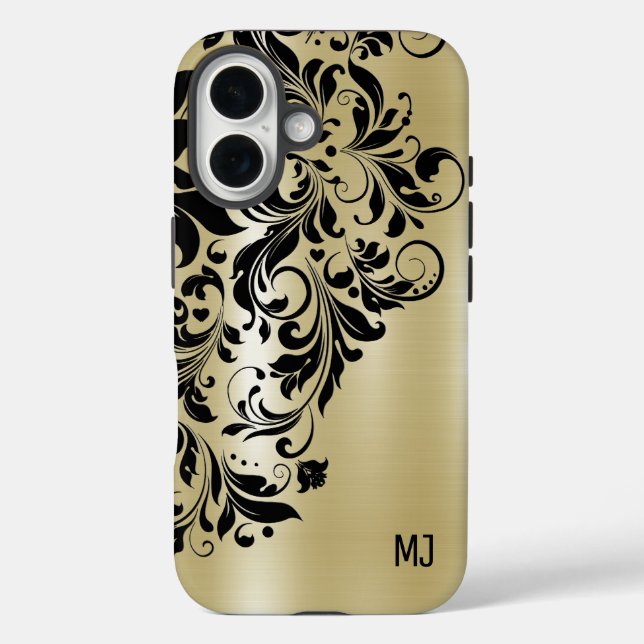 Metallic Gold Texture Black Swirl Accent Monogram Case-Mate iPhone Case (Back)