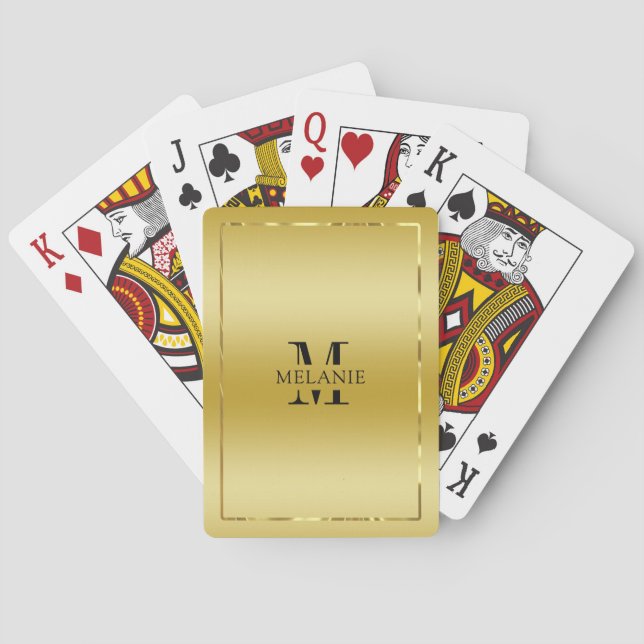 Metallic Gold Texture Shiny Border Monogram Poker Cards (Back)