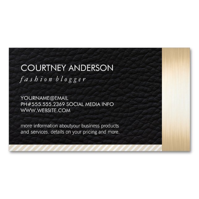 Metallic Gold Trim and Leather with Stripes Business Card Magnet (Front)