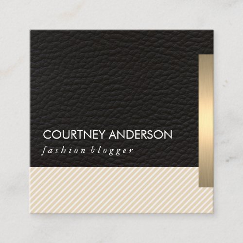 Metallic Gold Trim and Leather with Stripes Square Business Card